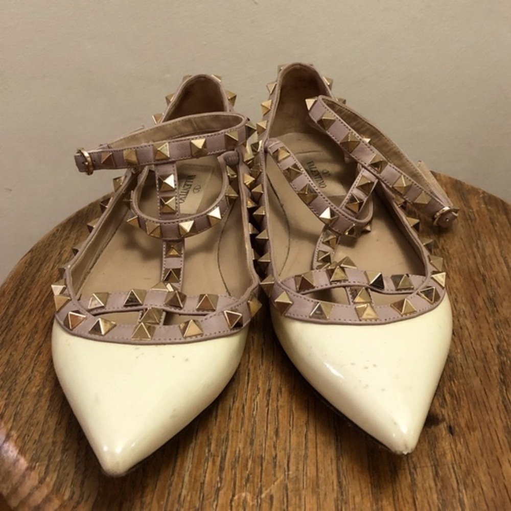 Valentino Ivory Pointed Studded T-Strap Flats